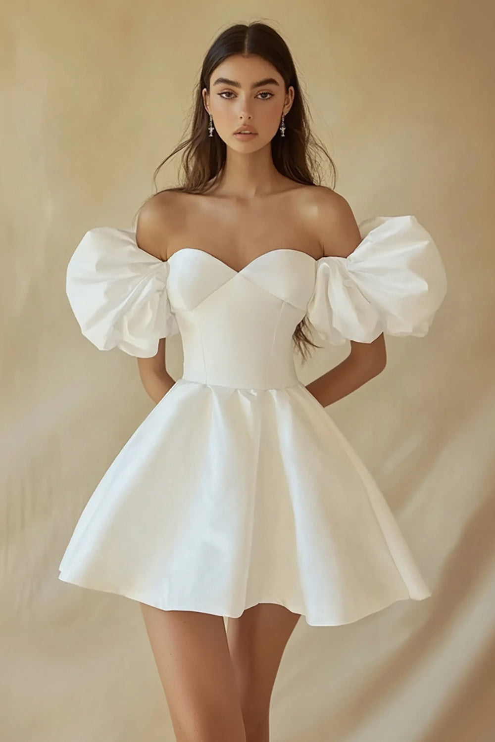 Satin A Line Off the Shoulder Mini Little White Dress with Ruffles