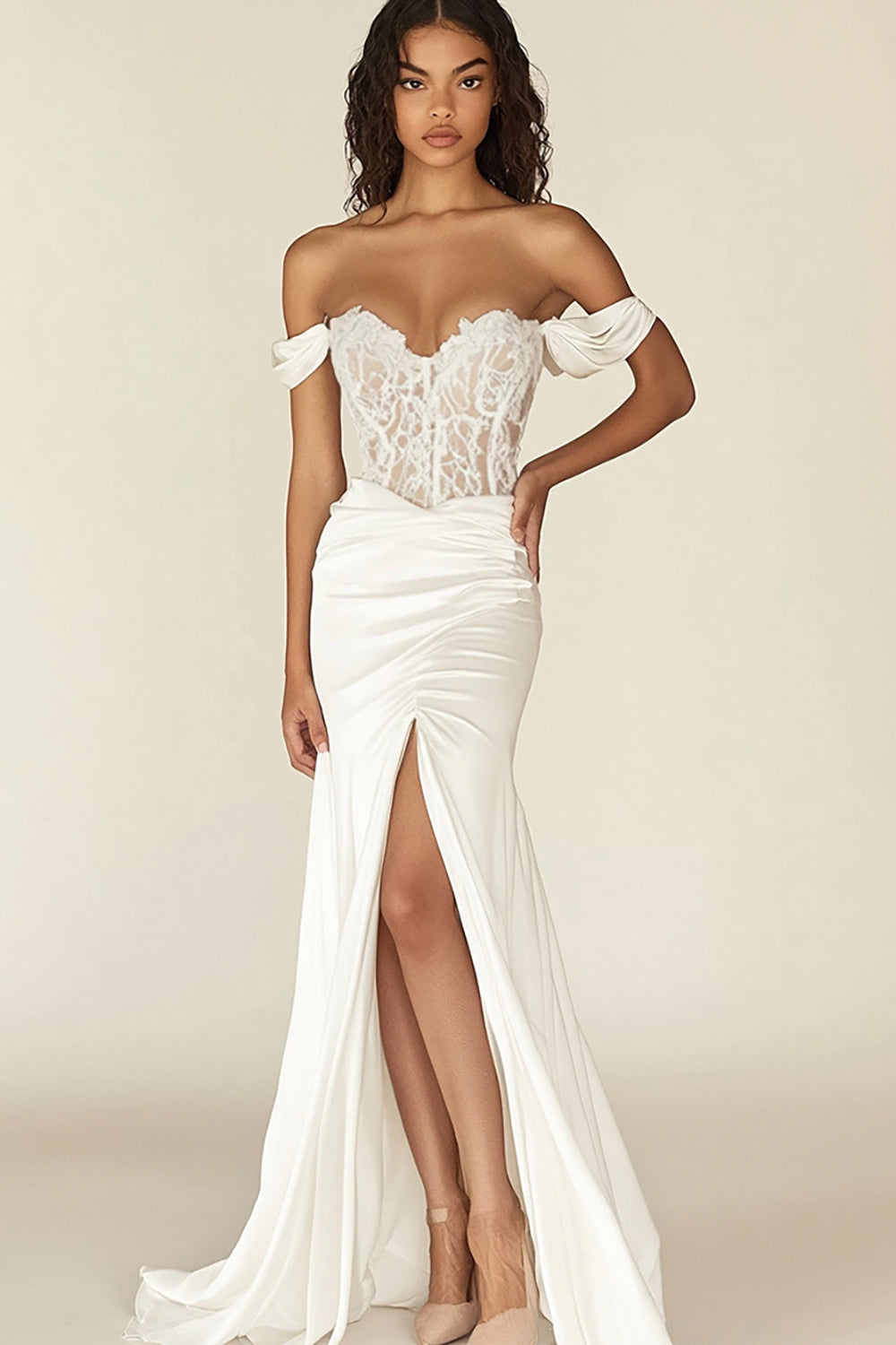 White Corset Off the Shoulder Long Rehearsal Dinner Dress with Slit