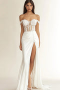 Robe longue blanche sirène pour dîner de répétition, asymétrique avec fente