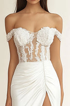 White Mermaid Off the Shoulder Long Rehearsal Dinner Dress with Slit