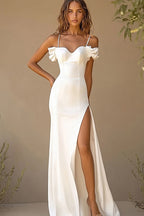 White Sheath Long Ruffled Rehearsal Dinner Dress with Slit