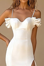 White Sheath Long Ruffled Rehearsal Dinner Dress with Slit