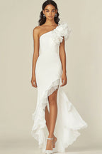 White Sheath High Low Rehearsal Dinner Dress with Ruffles