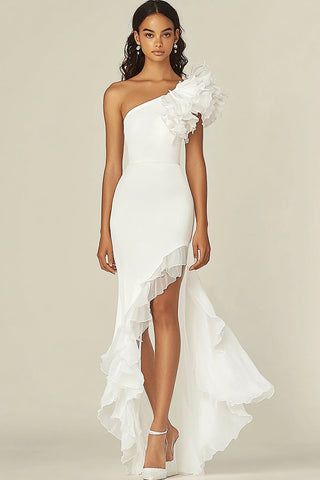 White Sheath High Low Rehearsal Dinner Dress with Ruffles