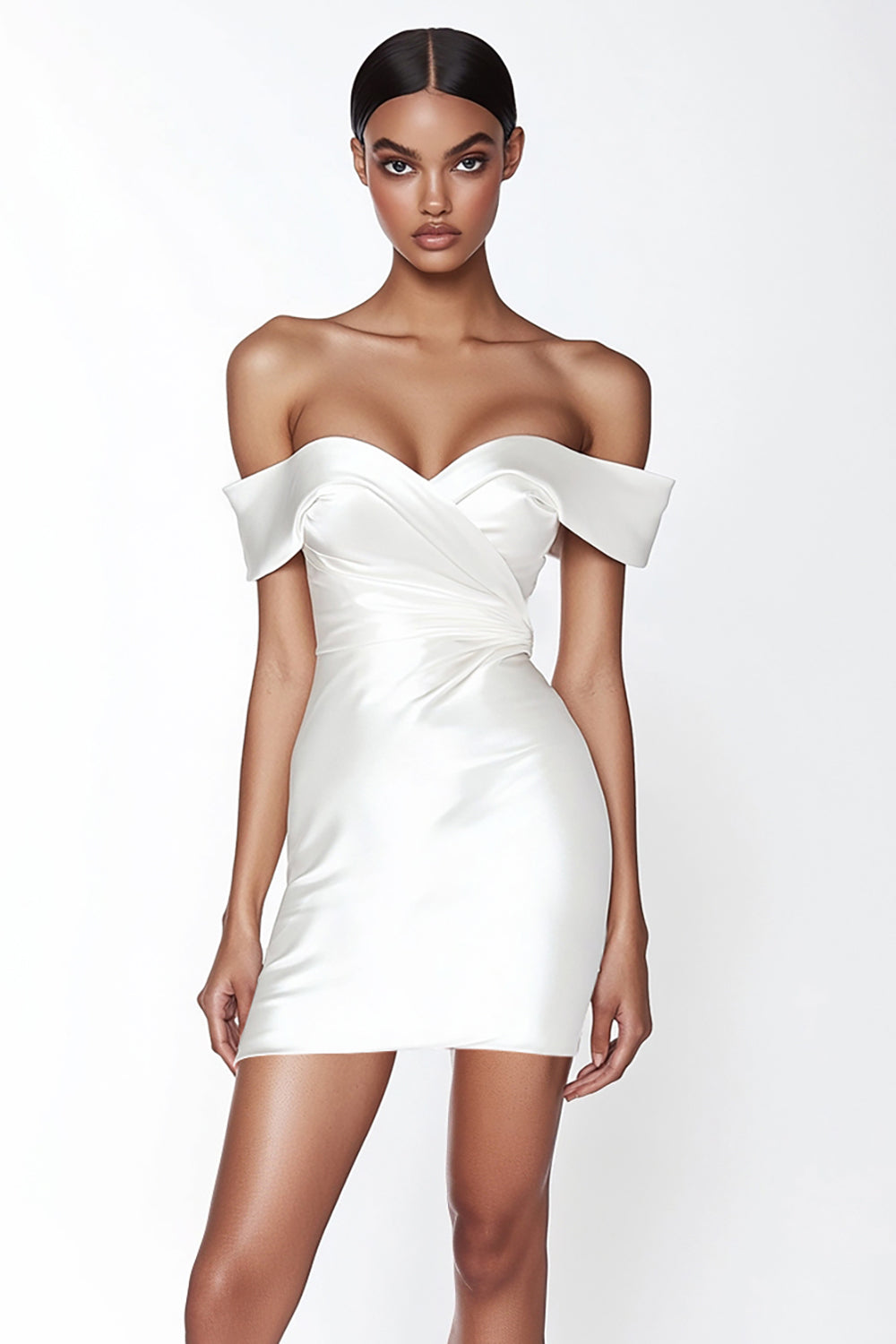 Satin Sweetheart Ruched Off the Shoulder Sheath Little White Dress