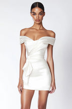 Sheath Satin Off the Shoulder Little White Dress with Ruffles