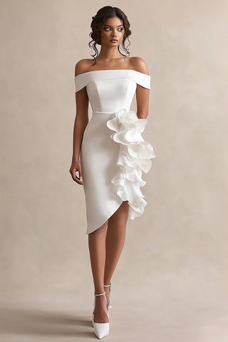Sheath Ruffled Off the Shoulder Little White Dress with Ruffles