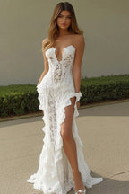 Lace White Strapless Long Lace Rehearsal Dinner Dress with Slit
