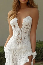 Lace White Strapless Long Lace Rehearsal Dinner Dress with Slit