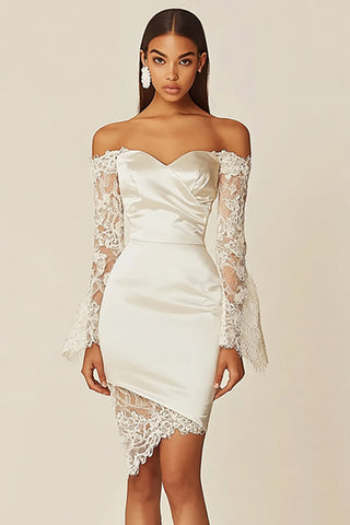 Satin Etuikleid, schulterfrei, kurzes kleines weißes Kleid mit Spitze