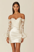 Satin Sheath Sweetheart Bodycon Little White Dress with Lace