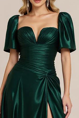Dark Green Satin A Line Long Prom Dress with Short Sleeves