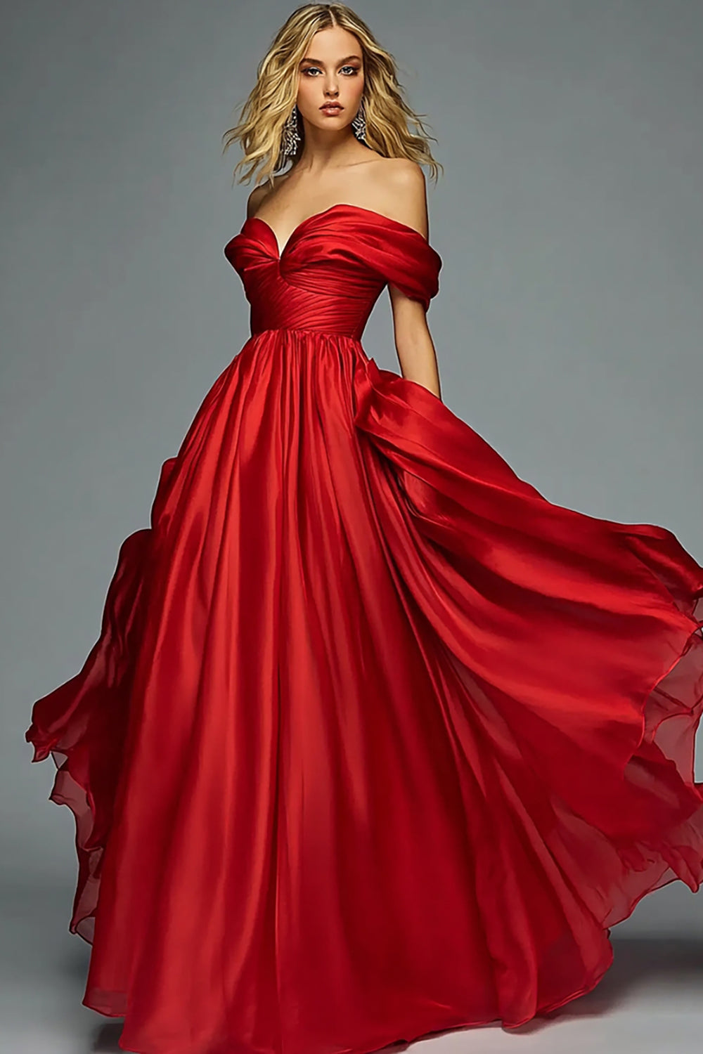 Rotes, schulterfreies, langes Ballkleid aus Satin in A-Linie mit Rüschen