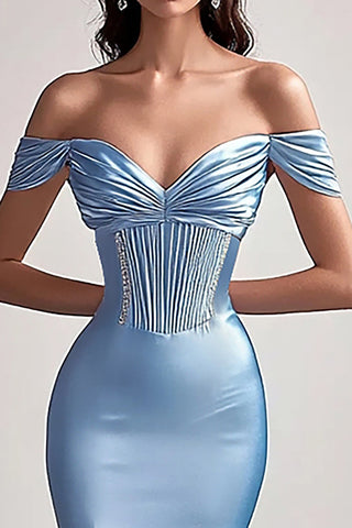 Sky Blue Satin Mermaid Long Off the Shoulder Prom Dress with Slit