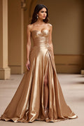 Metallic Gold Suknia Wieczorowa A-Line Bezramienna Długa z Rozcięciem