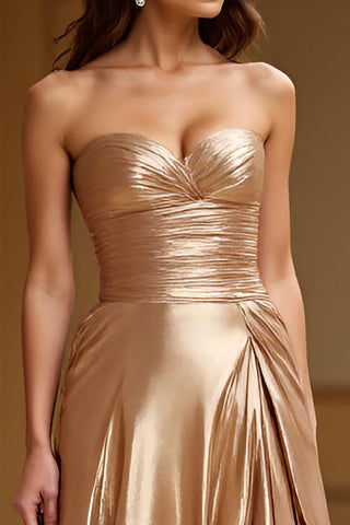 Metallic Gold A Line Strapless Long Prom Dress with Slit