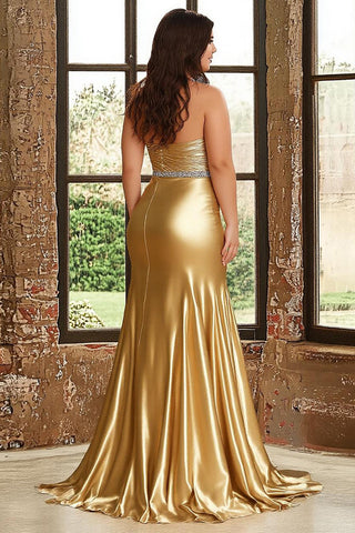 Gold A Line Satin Strapless Plus Size Long Prom Dress with Slit