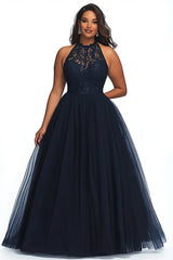 A Line Navy Illusion Neck Plus Size Long Prom Dress with Appliques