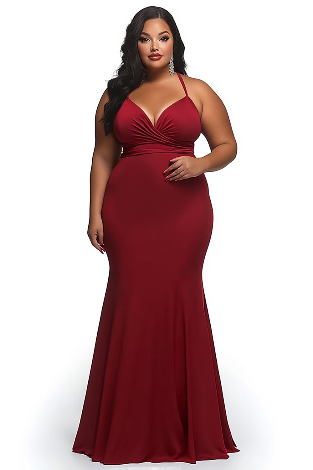 Vestido de festa comprido plus size com alças finas e cetim vermelho