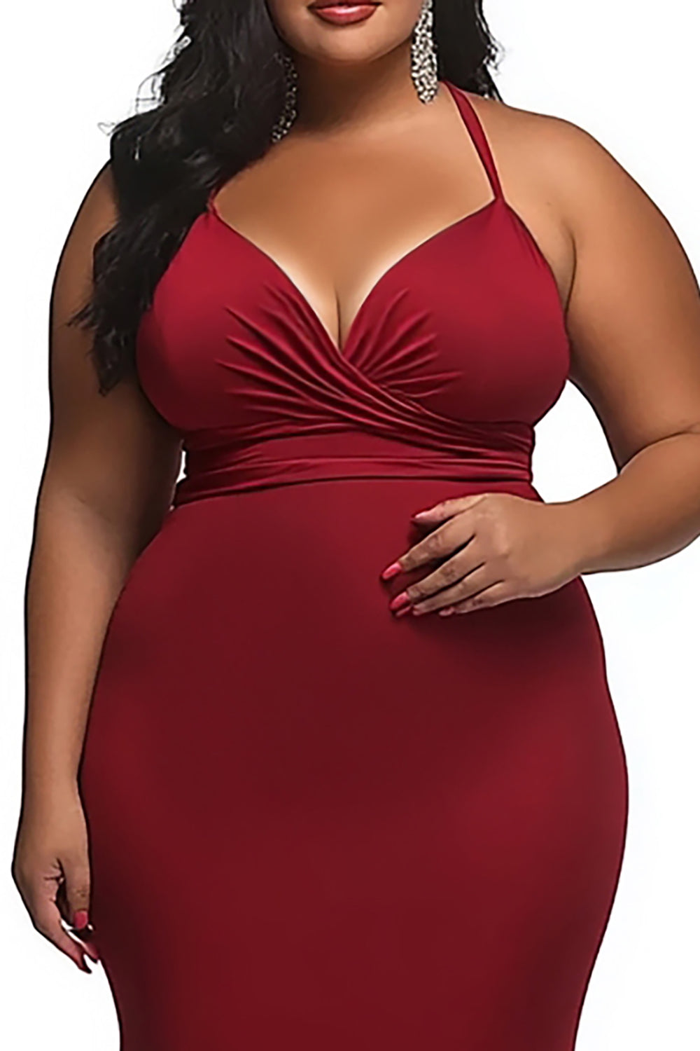 Vestido de festa comprido plus size com alças finas e cetim vermelho