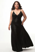 Prosta Czarna Sukienka Wieczorowa Halter Plus Size Długa