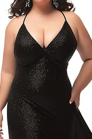 Simple Black Halter Sheath Plus Size Long Prom Dress