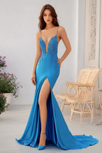 Königsblaues, langes Meerjungfrau-Ballkleid mit Spitze und V-Ausschnitt und Schlitz