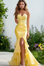 Vestido de festa comprido sereia com racha e decote em coração em organza narciso