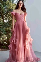 Vestido de festa comprido em chiffon com decote em A e folhos Dusty Rose