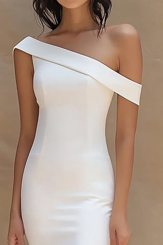 White Satin One Shoulder Mermaid Long Engagement Dress with Slit