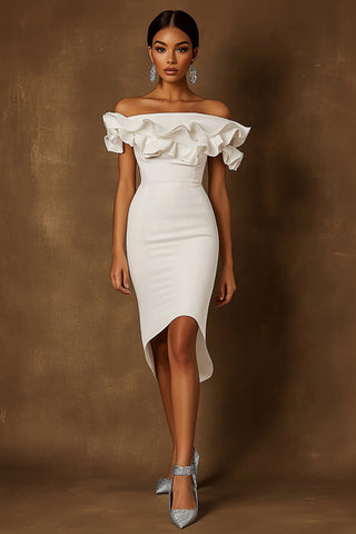White Satin Off The Shoulder Midi Engagement Dress with Ruffles