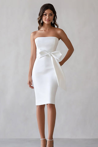 Weißes, trägerloses Midi-Bodycon-Verlobungskleid aus Satin mit Schleife