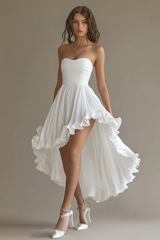 White Chiffon A Line High-Low Engagement Dress with Ruffles