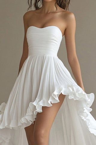 White Chiffon A Line High-Low Engagement Dress with Ruffles