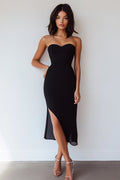 Czarna Chiffonowa Bezramienna Sukienka Bodycon Midi Wieczorowa z Rozcięciem