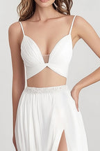 Vestido de noivado comprido em chiffon branco de duas peças com racha