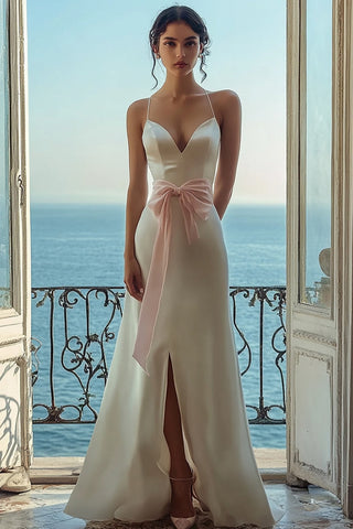 Weißes Satin Spaghettiträger Schleife Langes Abendkleid mit Schlitz