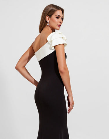 Black Satin One Shoulder Long Black Tie Dress