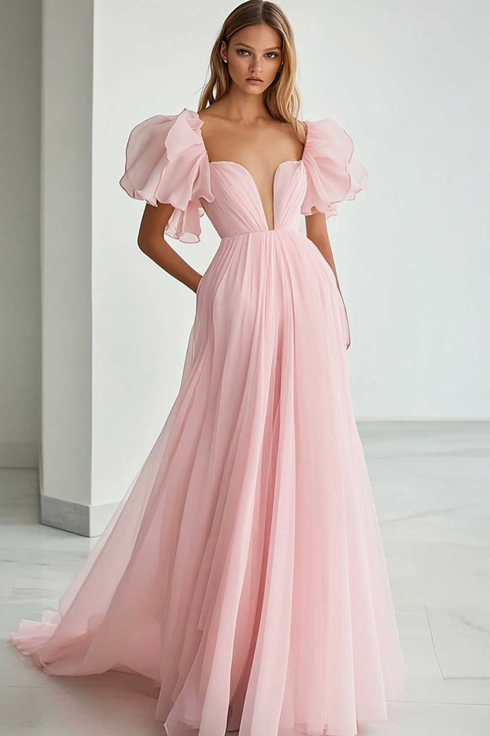 Vestido formal comprido rosa com decote em V e mangas