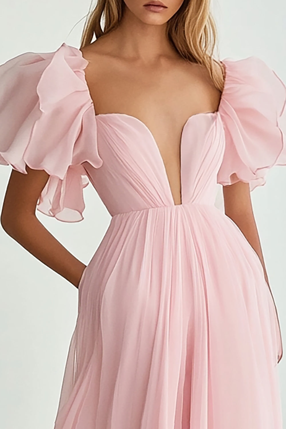 Vestido formal comprido rosa com decote em V e mangas