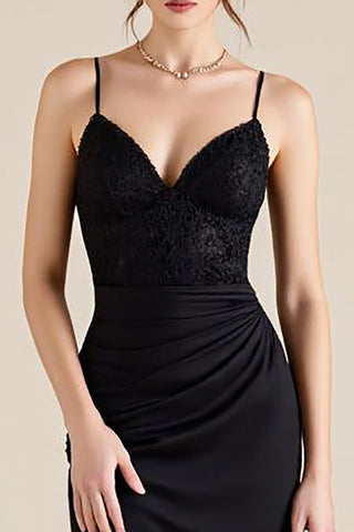 Black Spaghetti Straps Ruched Long Sheath Formal Dress with Slit