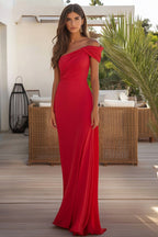 Vestido de cerimónia comprido de chiffon vermelho com um ombro só e franzido