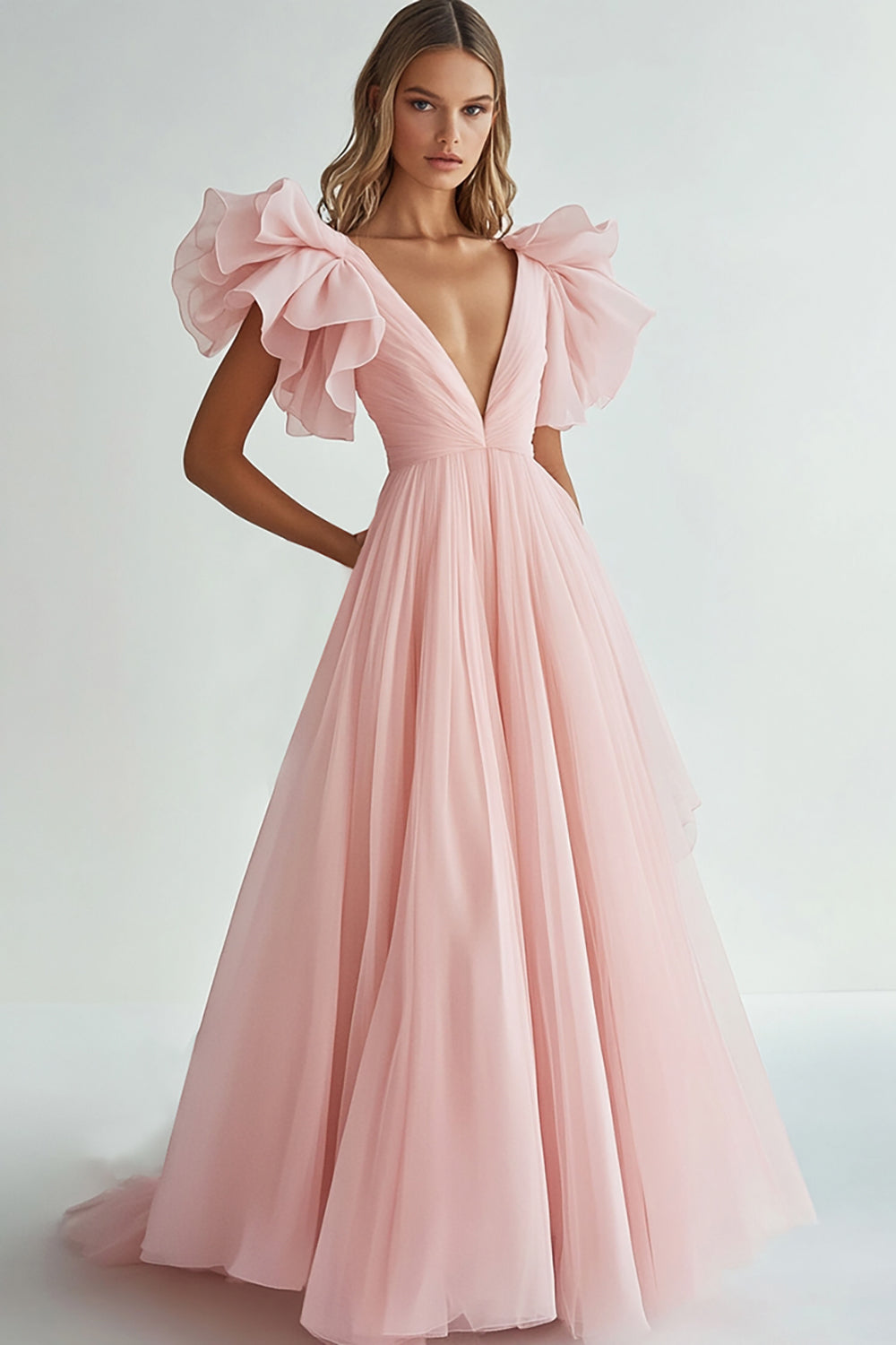 Rosa A-Linie V-Ausschnitt Chiffon Langes Abendkleid mit Rüschen