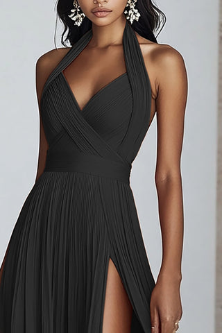 Black A Line Halter Neck Pleated Long Formal Dress with Slit