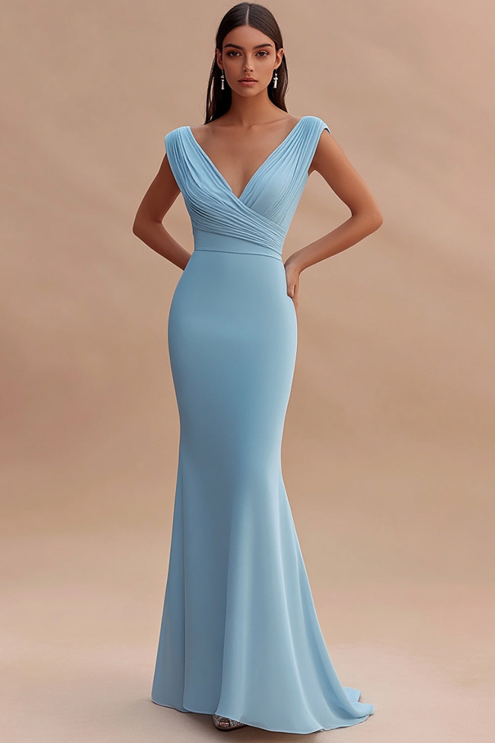 Vestido formal comprido sereia com decote em V azul-celeste simples