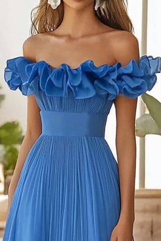 Blue Off the Shoulder A Line Long Formal Dress with Slit