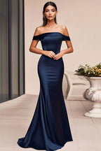 Marineblaues, schulterfreies, langes Satin-Abendkleid im Meerjungfrauenstil