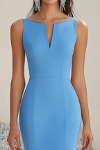 Vestido de cerimónia azul sereia de chiffon sem mangas, comprimento alto e baixo