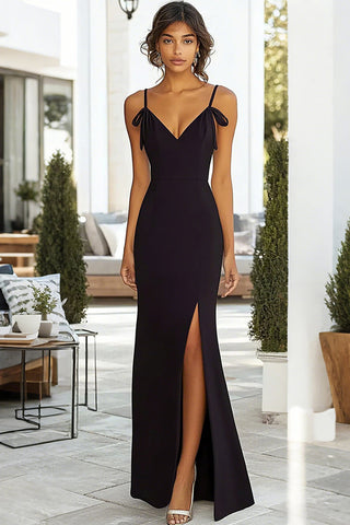 Black Spaghetti Straps Sheath Long Formal Dress with Slit