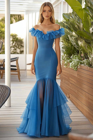 Blue Off the Shoulder Mermaid Long Prom Dress